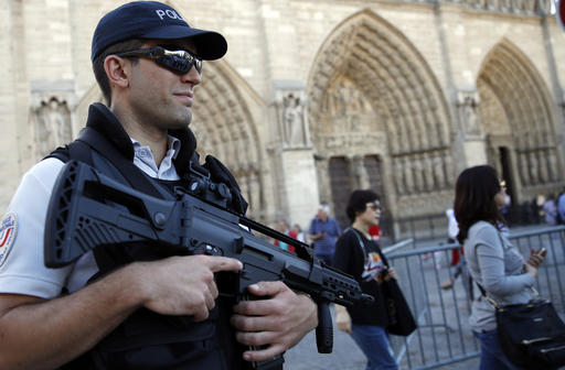 A French police officer patrols in front of Notre Dame cathedral