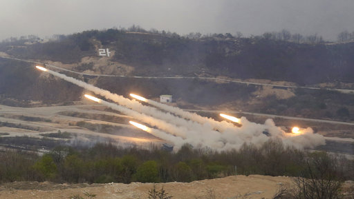 South Korean army's multiple launch rocket systems fire rockets during South Korea-U.S. joint military live-fire drills at Seungjin Fire Training Field in Pocheon