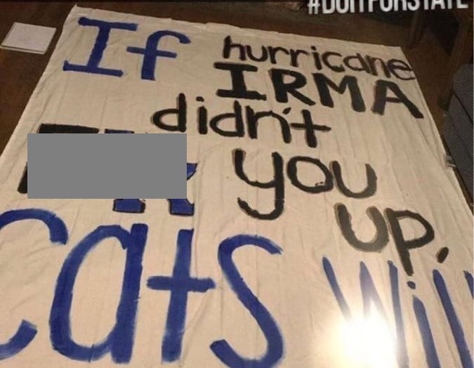 Controversial sign apparently made by UK fan targeting Florida football in the week leading up to the game between the two schools and after Hurricane Irma