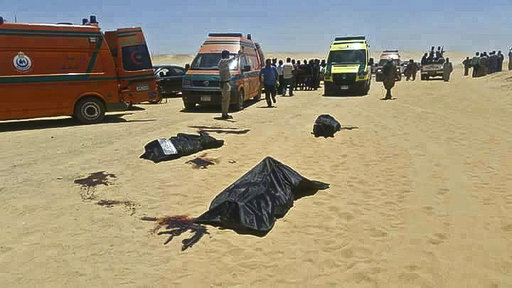 This image released by the Minya governorate media office shows bodies of victims killed when gunmen stormed a bus in Minya