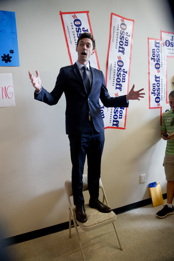 Democratic candidate for Georgia's Sixth Congressional seat Jon Ossoff talks with supporters at a campaign field office Tuesday