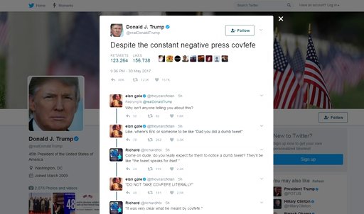 This screen grab shows a tweet from President Donald Trump which has social media trying to find a meaning in the mysterious term covfefe. Trump tweeted just after midnight Eastern time on Wednesday