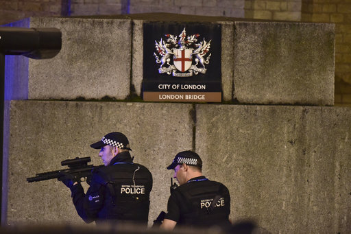 An armed Police officer looks through his weapon on London Bridge in London