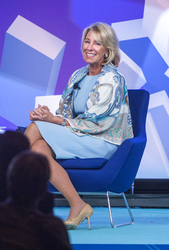 U.S. Department of Education Secretary Betsy DeVos reacts as she speaks to the crowd at the ASU + GSV Summit at the Grand America Hotel in Salt Lake City
