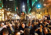 Philadelphia Eagles fans celebrate the team's victory in the NFL Super Bowl 52 between the Philadelphia Eagles and the New England Patriots