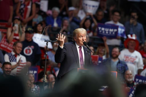 Republican presidential candidate Donald Trump speaks during a campaign rally at Xfinity Arena of Everett
