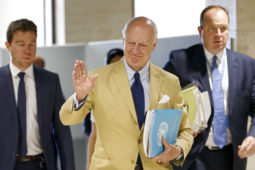 UN Special Envoy of the Secretary-General for Syria Staffan de Mistura arrives for a round of negotiation with Syria's main opposition High Negotiations Committee (HNC) leader Nasr al-Hariri  during the Intra Syria talks