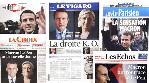 A montage of French national newspaper front pages reporting on the winners of the first round of the French presidential election