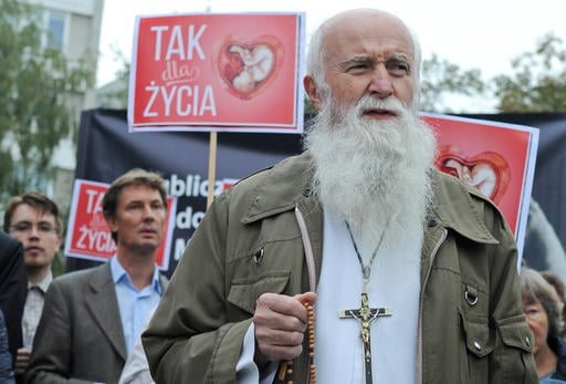 Anti abortion activists led by priests pray during a demonstration in front of the Polish parliament