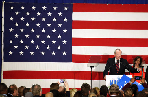 Phil Murphy speaks to supporters during a Democratic primary election watch party at the Robert Treat Hotel