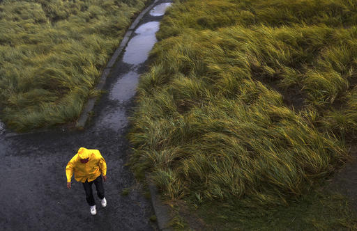 A park visitor battles stormy conditions on Saturday