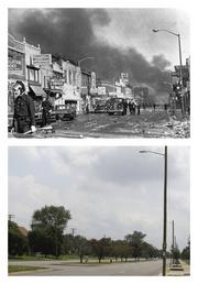 This combination of photos from July 1967 and 2017 shows police officers guarding businesses on 12th Street on Detroit's westside during riots