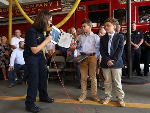Lexington honors Chase Covey and Parker Everhard for helping save 2-year old family member's life 8-31-17