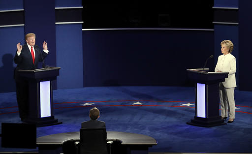 Republican presidential nominee Donald Trump debates Democratic presidential nominee Hillary Clinton during the third presidential debate at UNLV in Las Vegas