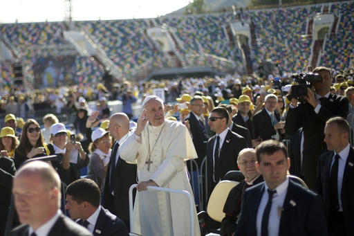 Pope Francis arrives to celebrate a Mass at the Meskhi stadium in Tbilisi