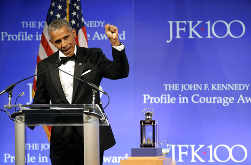Former President Barack Obama speaks after being presented with the 2017 Profile in Courage award during ceremonies at the John F. Kennedy Presidential Library and Museum Sunday