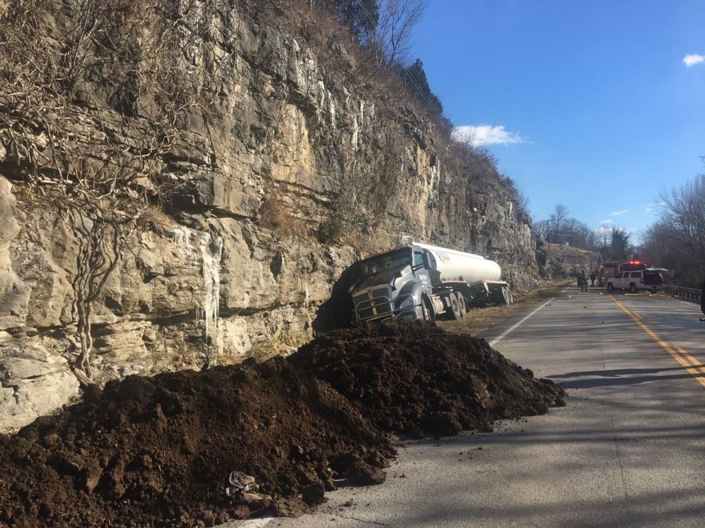 Gas tanker truck hits rock wall and spills fuel on US 27 in Pulaski County 2-2-18.  Photo courtesy:  Commonwealth Journal