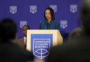 Former U.S. Secretary of State Condoleezza Rice speaks during a news conference at the NCAA headquarters