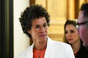 Andrea Constand walks while breaking for lunch during Bill Cosby's sexual assault trial at the Montgomery County Courthouse
