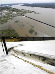 This combo of photos shows the opening of the Bonnet Carre spillway