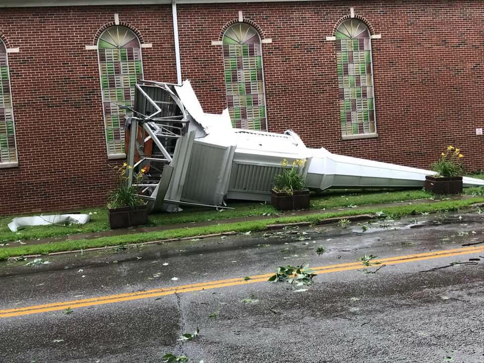 Church steeple blown off in storm in Paintsville on 4th of July 2018.  Photo courtesy of Bobby Brooks