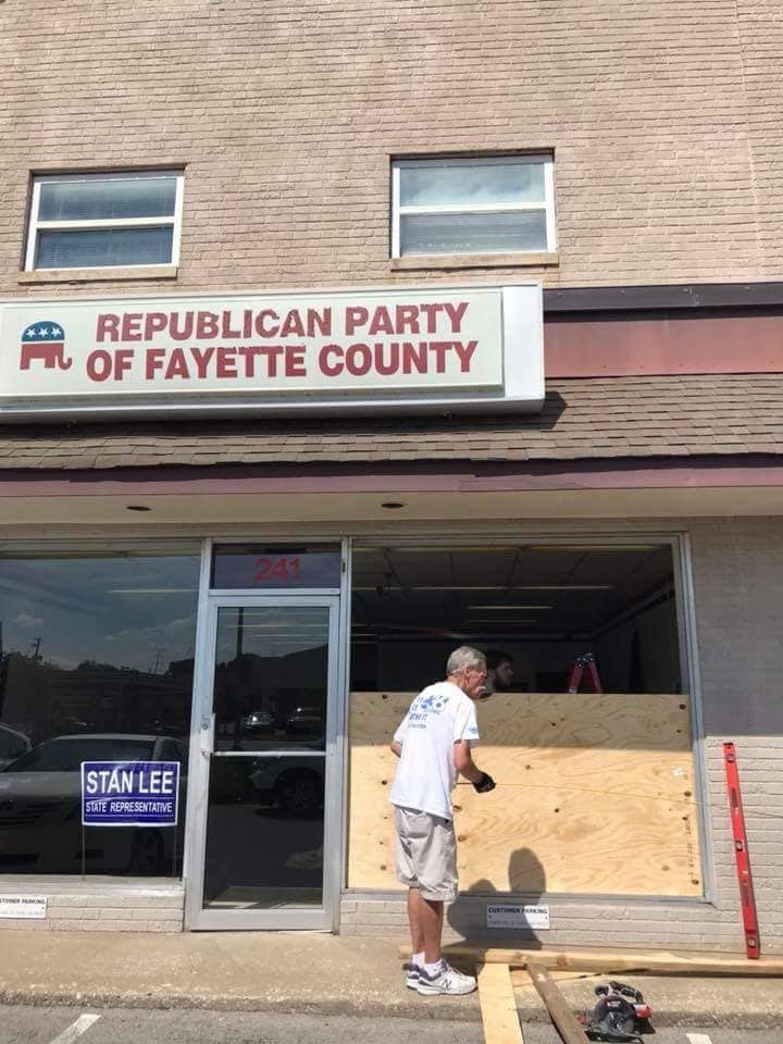 Someone broke out the front window of the Fayette County Republican Party headquarters.