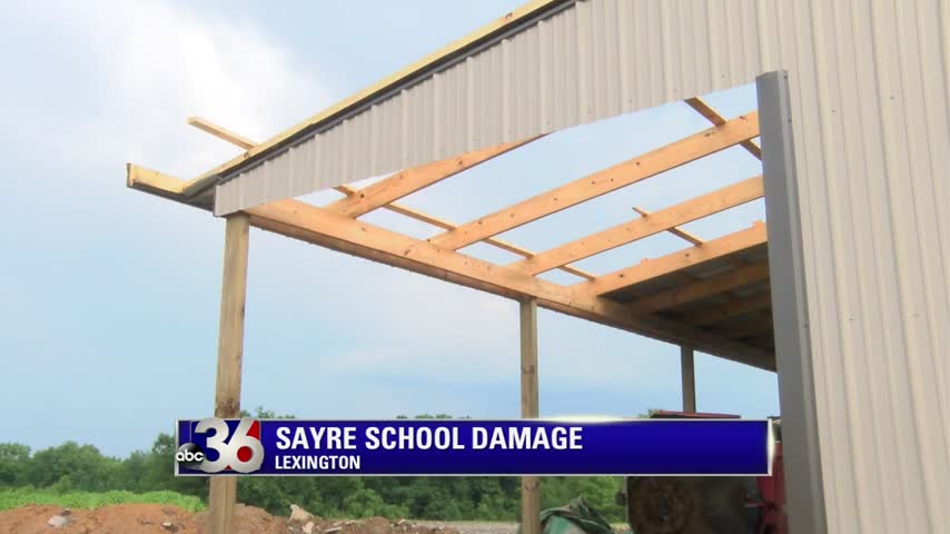 Storm rips off part of roof of storage building at Sayre School athletic complex in Lexington 7-5-18