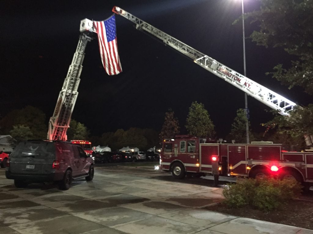 American Flag hung between two Lexington fire trucks during the Lexington Week of Valor in November 2017