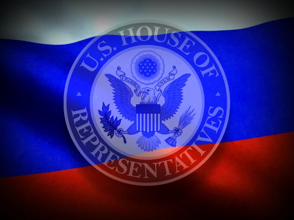 Russia flag and US House or Representatives sign