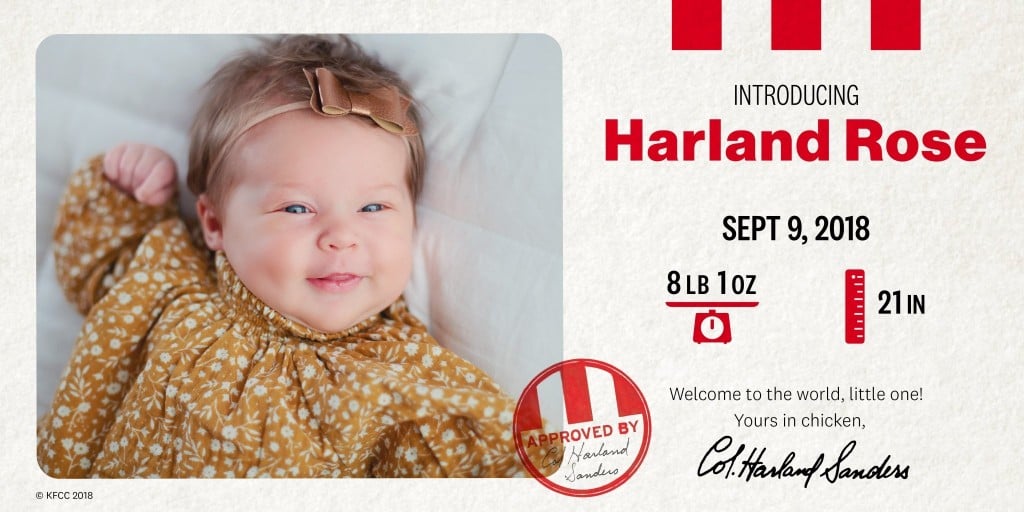 Harland Rose won contest to name baby after Colonel Harland Sanders.