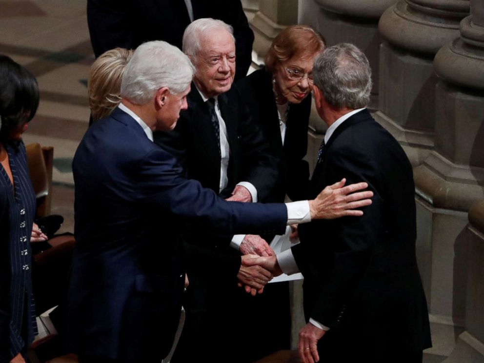 PHOTO: Former President George W. Bush greets former President Bill Clinton, former President Jimmy Carter and former first lady Rosalynn Carter at the state funeral for his father, former President George H.W. Bush in Washington, Dec. 5, 2018.