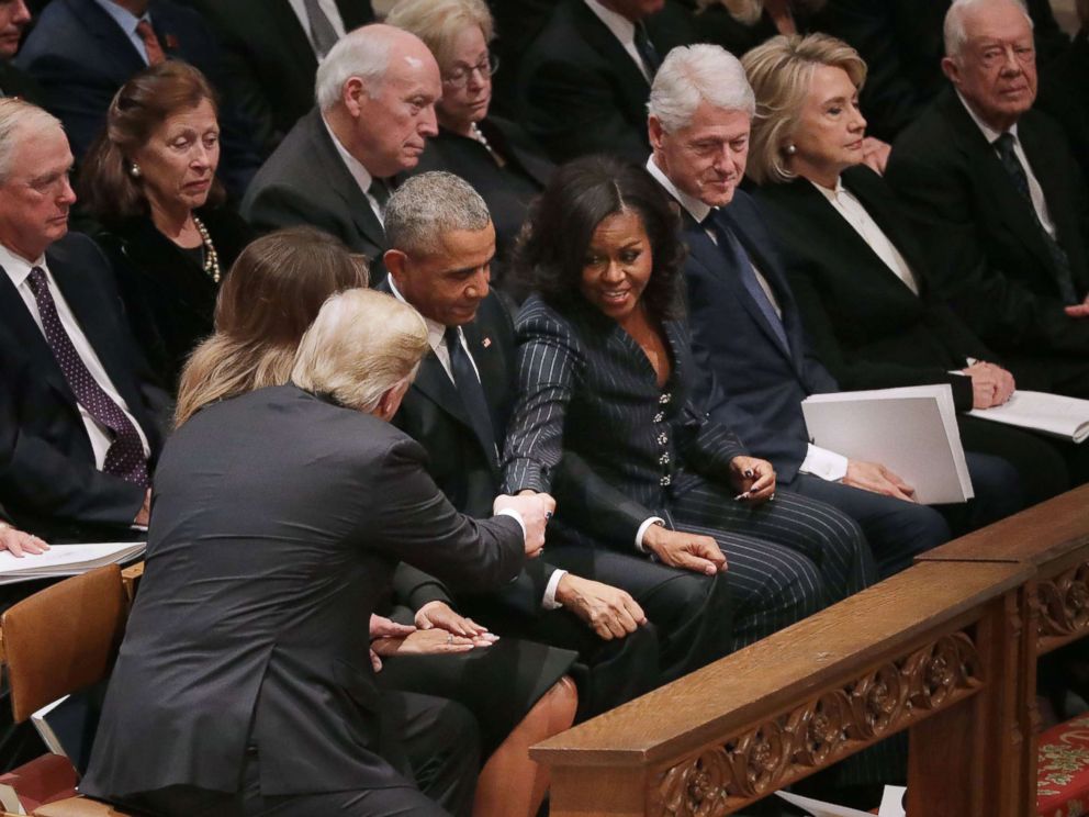 PHOTO: President Donald Trump and first lady Melania Trump greet former President Barack Obama and Michelle Obama, joining other former presidents and their spouses for the state funeral for former President George H.W. Bush, Dec. 5, 2018 in Washington.
