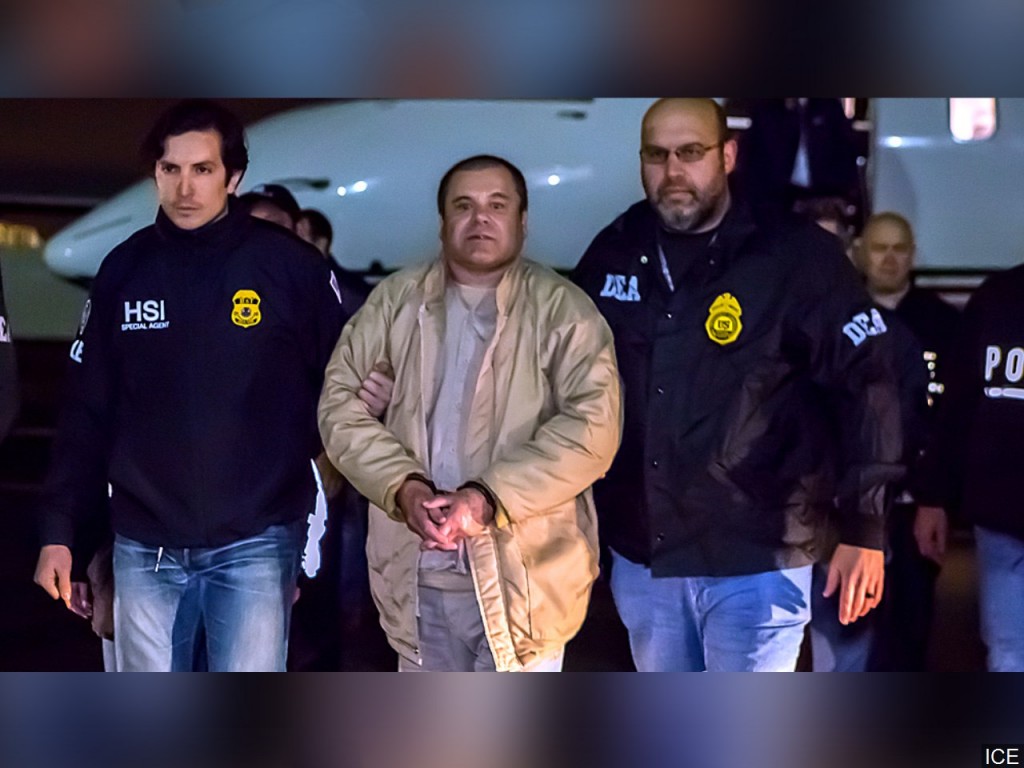 Joaquin Archivaldo Guzman Loera (El Chapo) under heavy escort by special agents ICE) Homeland Security Investigations and the DEA