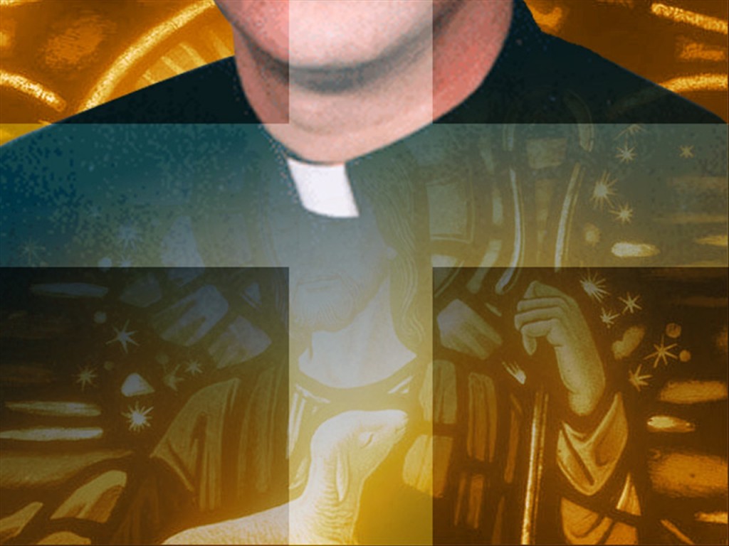 Priest on stained glass bg
