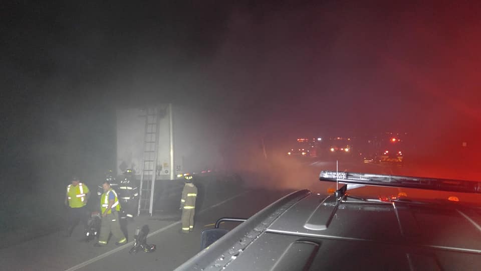 A tractor-trailer caught fire in the eastbound lanes of I-64 in Bath County near the Montgomery County line on 4-17-19.  No one was hurt.
