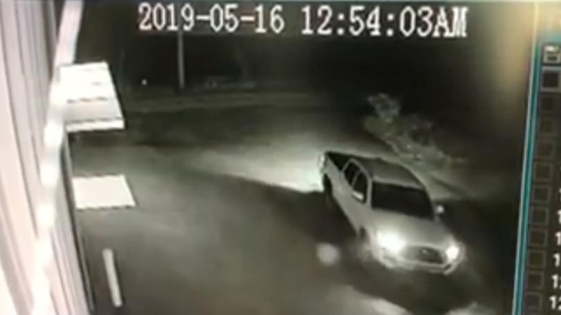 Security camera image of Toyota Tacoma pickup truck used in excavator theft from Rental Pro in Perry County on 5-16-19
