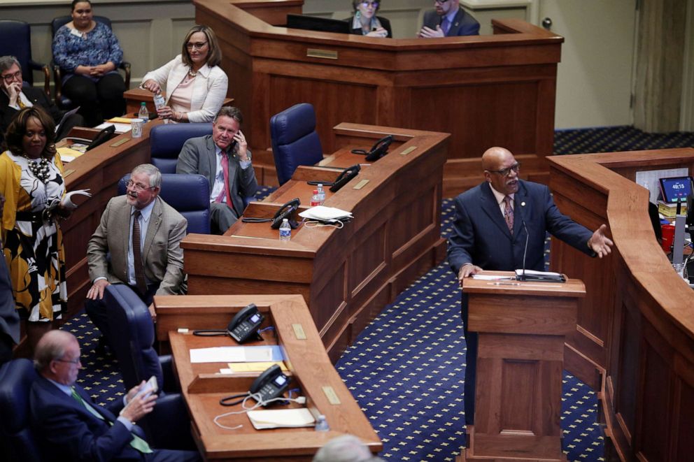 State Sen. Rodger Smitherman speaks during a state Senate vote on a strict anti-abortion bill at the Alabama Legislature in Montgomery