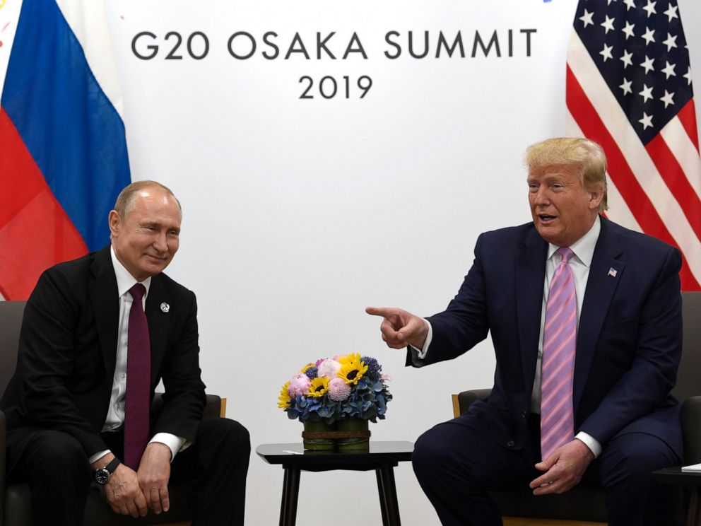 PHOTO: President Donald Trump, right, meets with Russian President Vladimir Putin during a bilateral meeting on the sidelines of the G-20 summit in Osaka, Japan, Friday, June 28, 2019. 