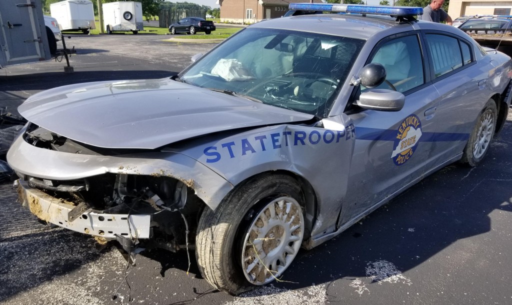 State Police cruiser damaged in crash during high speed chase in McLean County on 6-27-19.  Trooper Adam Wright suffered minor injuries.