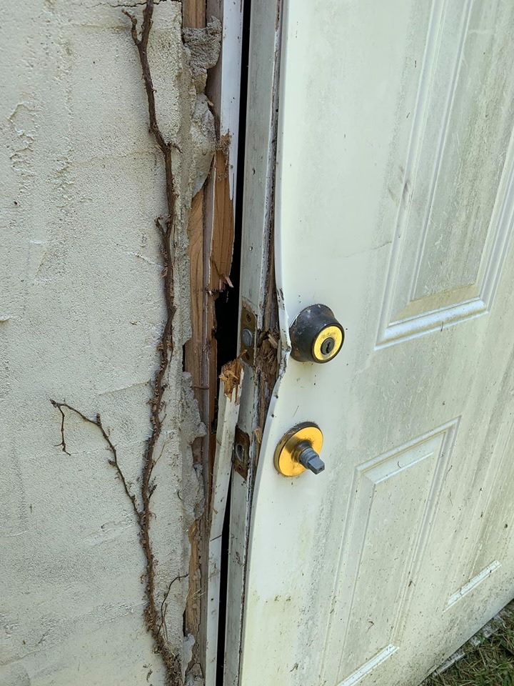 Damaged door from theft attempt on building housing the Salt Lick Fire Department's communication repeater