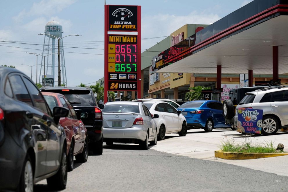 PHOTO: Cars line up for fuel at a gas station as Tropical Storm Dorian approaches in Mayaguez, Puerto Rico Aug. 27, 2019. 