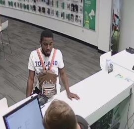 Security camera image of suspect accused of robbing at gunpoint a Cricket Wireless store on KY 192 in Laurel County on 8-20-19...getting away with three iPhone's valued at $2
