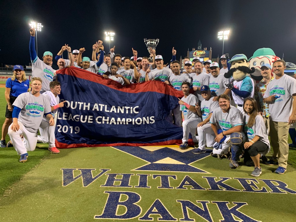 Lexington Legends win their 2nd straight South Atlantic League Championship with a walk-off homerun in the bottom of the 13th on Friday the 13th by Reed Rohlman on 9-13-19 at Whitaker Bank Ballpark.  Photo courtesy:  Gary Durbin