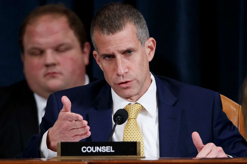 PHOTO: Steve Castor, the Republican staff attorney, talks to Jennifer William and Lt. Col. Alexander Vindman, as they testify before the House Intelligence Committee on Capitol Hill in Washington, D.C., Nov. 19, 2019.