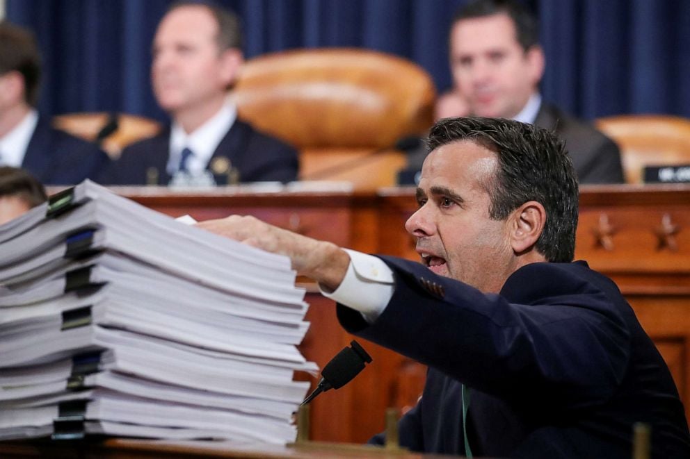 PHOTO: Rep. John Ratcliffe references a stack of deposition transcripts while asking questions during a House Intelligence Committee hearing as part of the impeachment inquiry into President Donald Trump on Capitol Hill in Washington, D.C., Nov. 19, 2019.