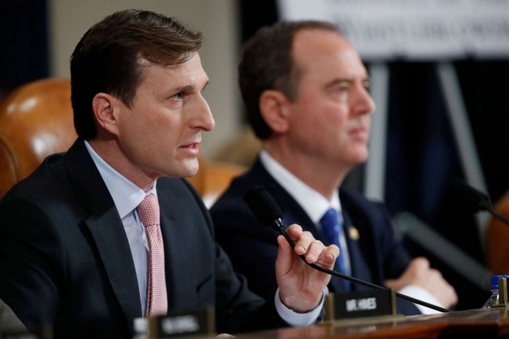 PHOTO: Daniel Goldman, director of investigations for the House Intelligence Committee Democrats, left, questions U.S. Ambassador to the European Union Gordon Sondland as he testifies before the House Intelligence Committee on Capitol Hill, Nov. 20, 2019.