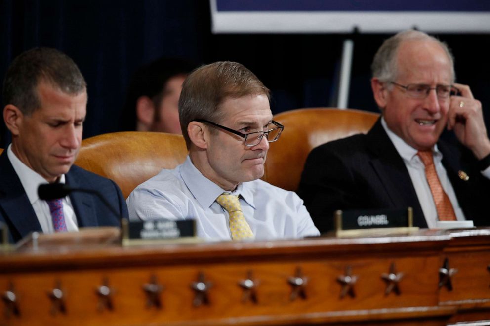 PHOTO: From left, Steve Castor, the Republican staff attorney, Rep. Jim Jordan and Rep. Mike Conaway, listen as U.S. Ambassador to the European Union Gordon Sondland testifies before the House Intelligence Committee on Capitol Hill, Nov. 20, 2019.