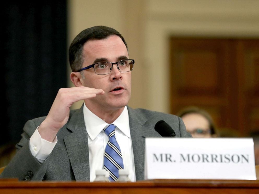 PHOTO: Former National Security Council Senior Director for European and Russian Affairs Tim Morrison testifies before the House Intelligence Committee on Capitol Hill, Nov. 19, 2019. 
