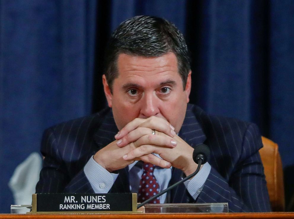 PHOTO: House Intelligence Committee ranking member Rep. Devin Nunes listens to the testimony of U.S. Ambassador to the European Union Gordon Sondland at a House Intelligence Committee as part of the impeachment inquiry on Capitol Hill, Nov. 20, 2019.