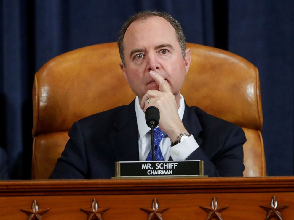 PHOTO: House Intelligence Committee Chairman Rep. Adam Schiff presides at a hearing featuring witness U.S. Ambassador to the European Union Gordon Sondland testifying as part of the impeachment inquiry on Capitol Hill in Washington, D.C., Nov. 20, 2019.